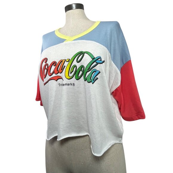 CHASER COCA COLA Graphic Crop Tee S White Colorblock VNeck Oversize Cotton Blend - Picture 3 of 8